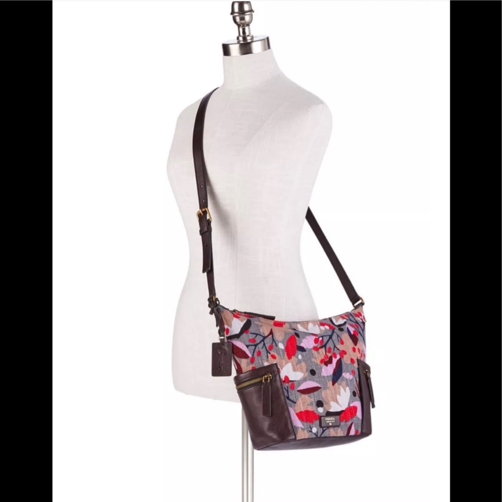 NWT FOSSIL Floral Emerson Canvas/Leather Hobo Crossbody Bag